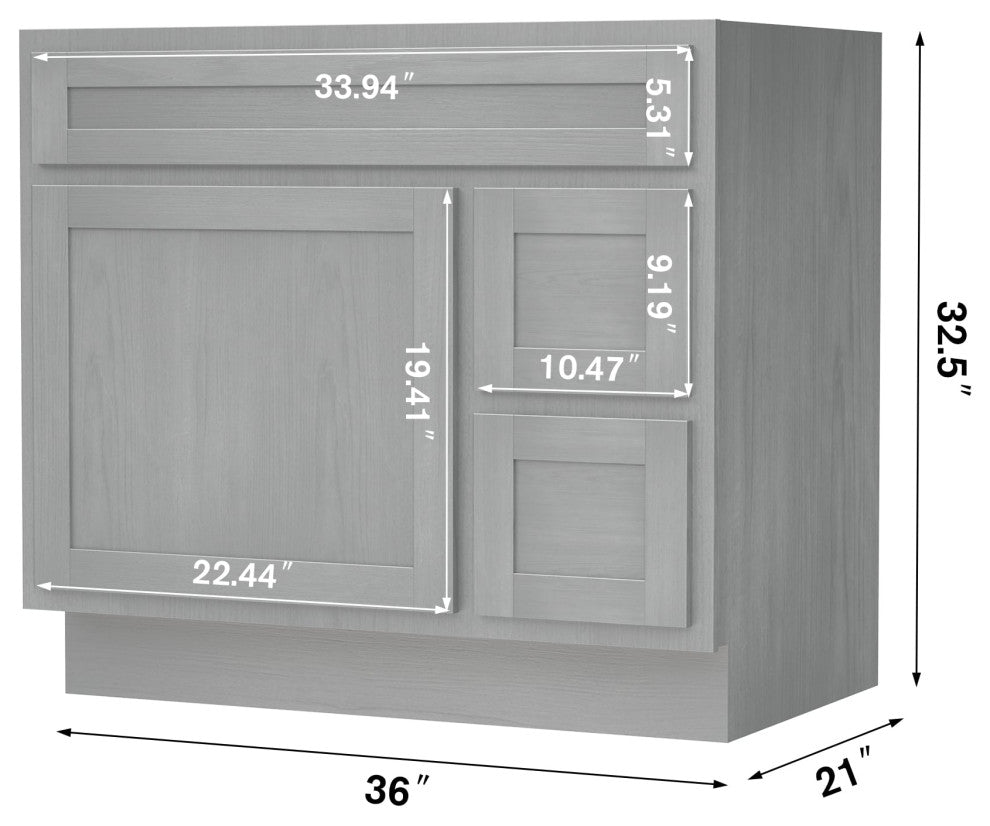 Vanity Art Vanity Base Cabinet, No Top, Drawers on Right, 36", Silver