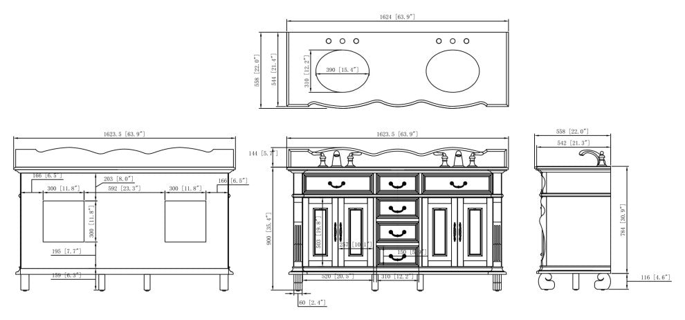 64" Timeless Classic style Hopkinton Double Sink Bathroom Vanity GD-4438SB-64
