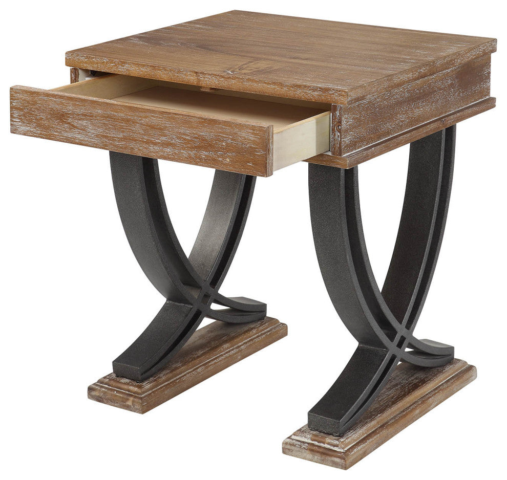 HomeRoots 20" X 22" X 25" Antique Oak Black Wood Metal End Table