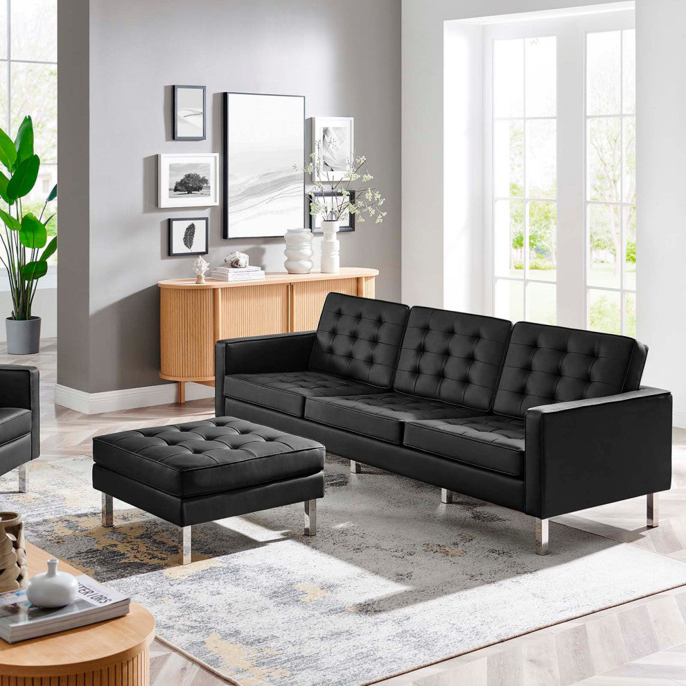Loft Tufted Vegan Leather Sofa and Ottoman Set, Silver Black