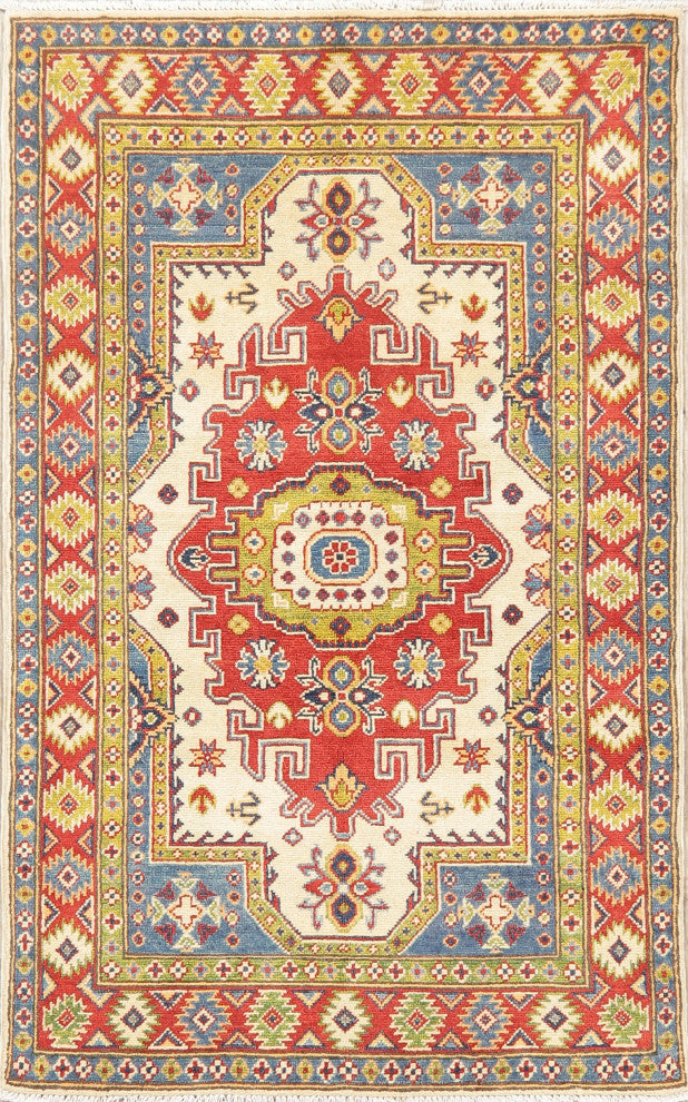 Oriental Kazak Traditional Hand Made Pakistani Area Rug, Beige, 5'1"x3'2
