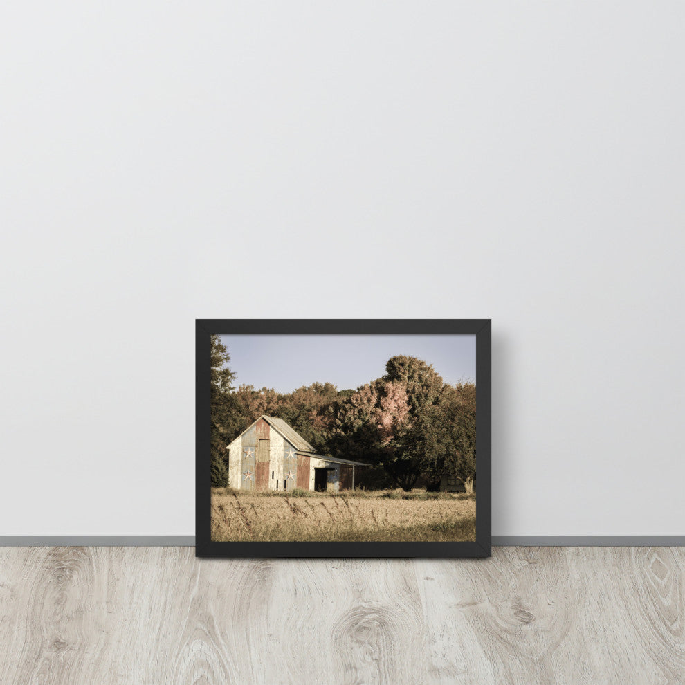 Patriotic Barn in Field Aged Effect Framed Photo Paper Wall Art Prints, Black, 11" X 14"