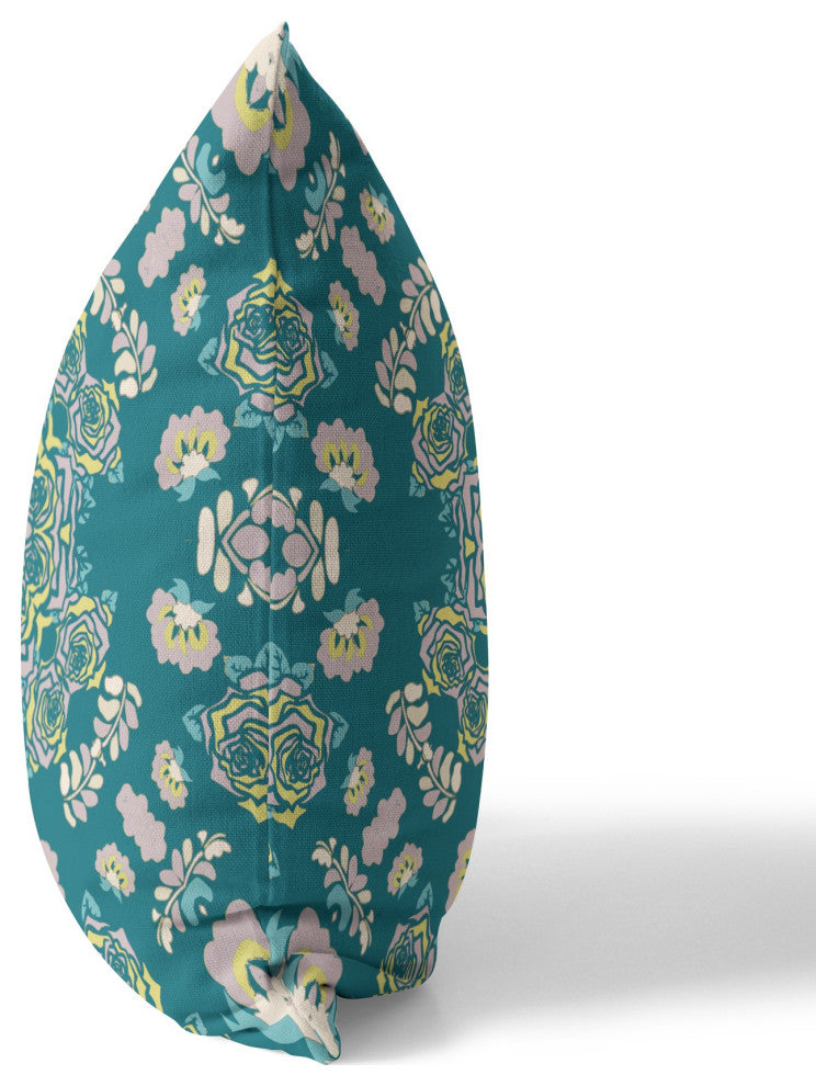 18" Teal Yellow Wreath Indoor Outdoor Zippered Throw Pillow