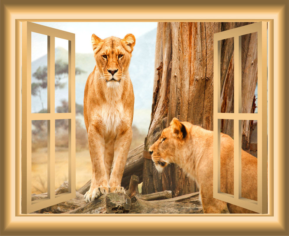 Lioness Wall Decal 3D Animal Window Peel and Stick Mural, 18"x22"