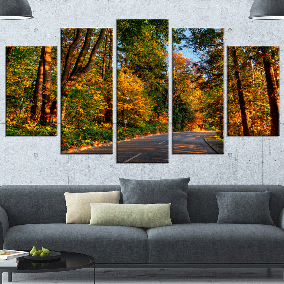 Road through Lit up Fall Forest, Large Landscape Canvas Art, 60"x32", 5 Panels