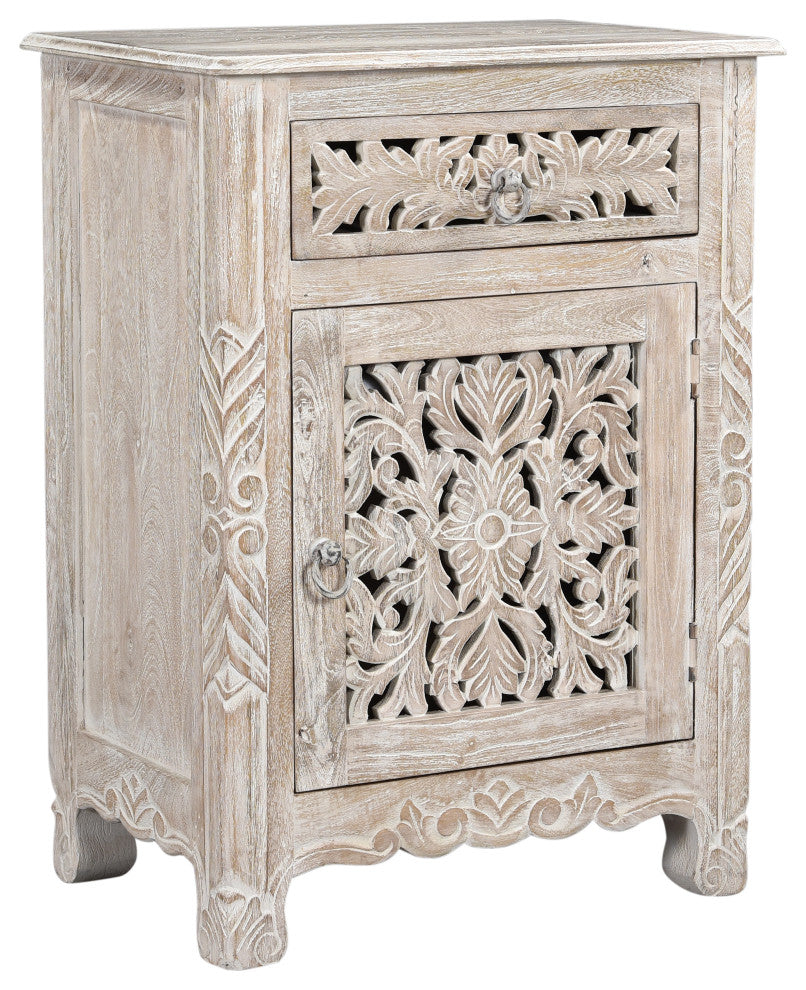 Delaney Carved 1 Door Nightstand, Sand White, Right