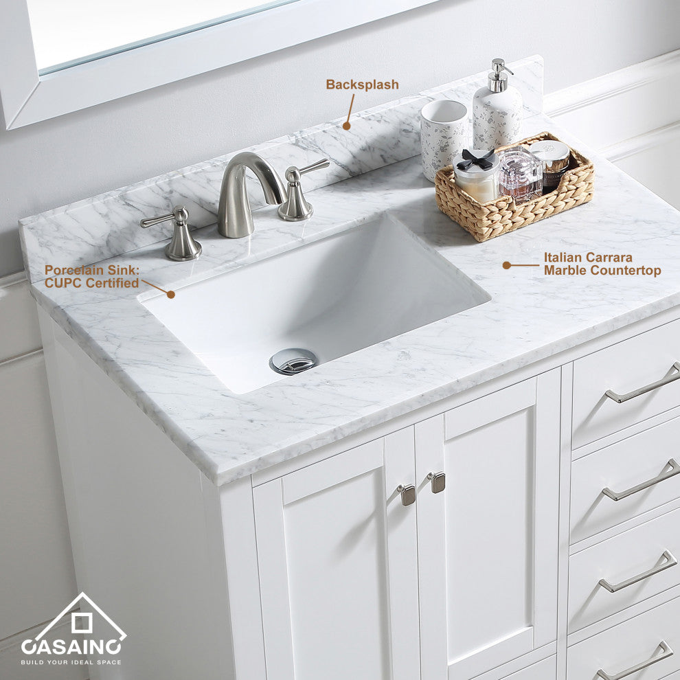 CASAINC 36" Single Sink Freestanding Marble Top Bathroom Vanity, White