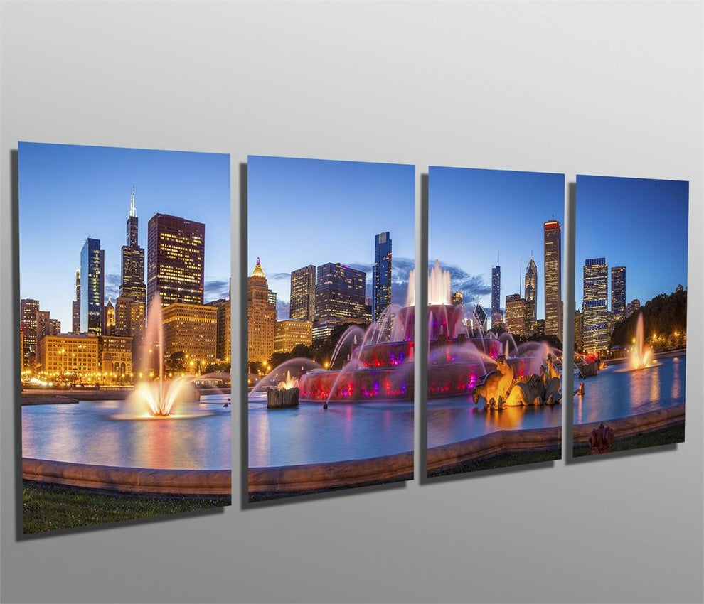 Chicago Buckingham Fountain, 4 Panel Split, Metal Print Wall Art, HD, 64x24