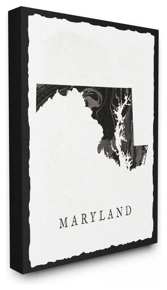 Black and Grey Marbled Paper Maryland State Silhouette Stretched Canvas, 16"x20"