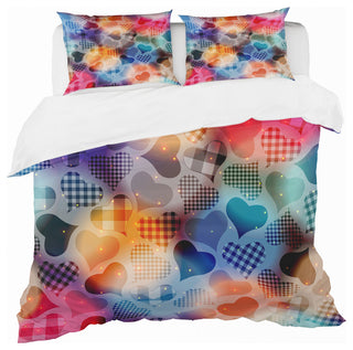 Floating Hearts With Squared Pattern Modern Duvet Cover, King