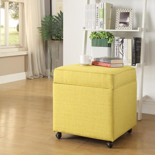 Lionel Linen Hidden Storage Castered Legs Ottoman Cube, Yellow