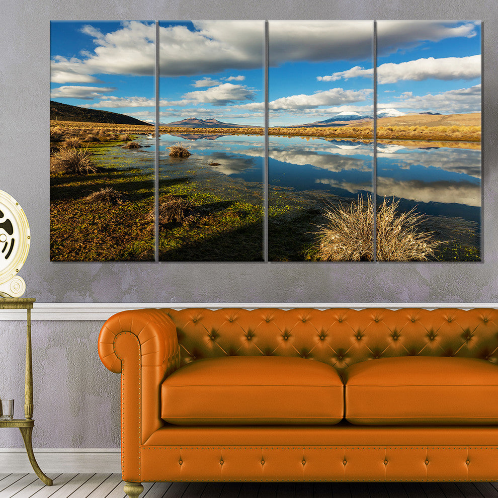 Clouds Reflecting in Mountain Lake, Landscape Canvas Art, 48"x28", 4 Panels