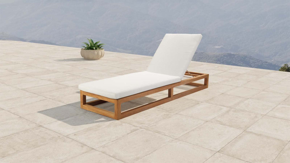 Lounge Chair Chaise, Wood, Brown Natural White, Modern, Outdoor Patio Bistro