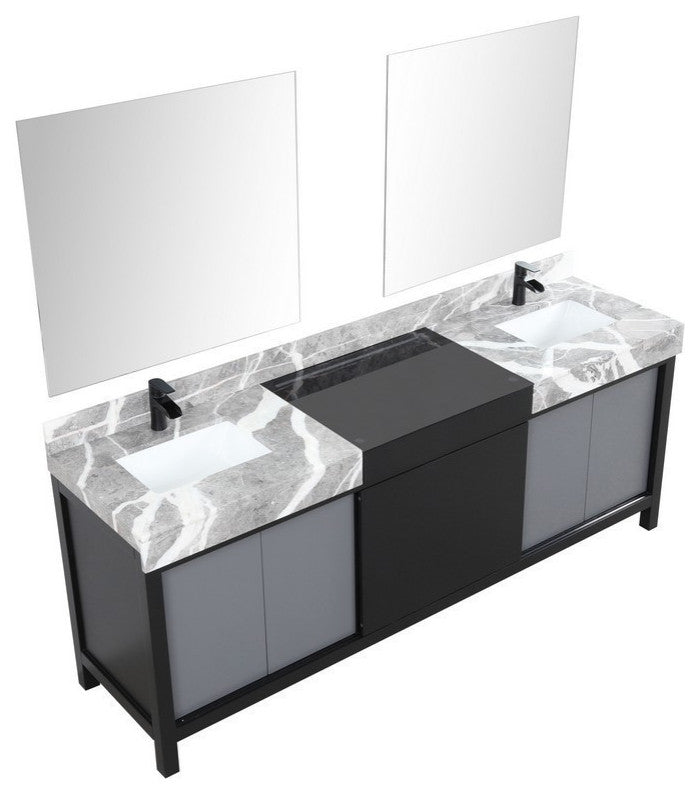 Zilara Black and Grey 84" Double Vanity Set, Cascata Nera Matte Black Faucet Set