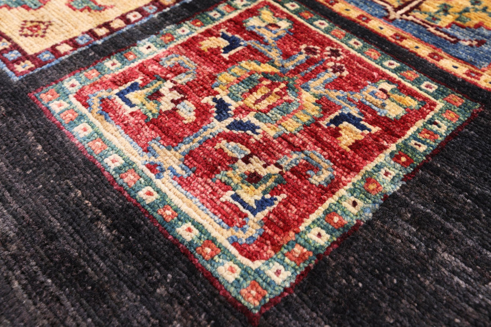 2' 6" X 6' 5" Runner Persian Garden Design Black Hand-Knotted Rug Q10687