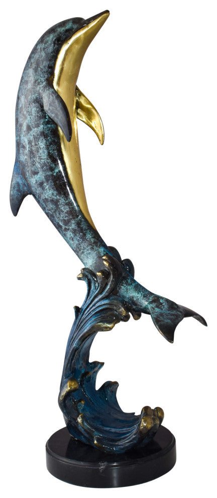 Dolphin Jumping the Waves Colored Bronze Statue Size: 15" x 10" x 31"H