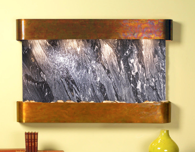 Sunrise Springs water fountain, Black Spider Marble, Rustic Copper, Round