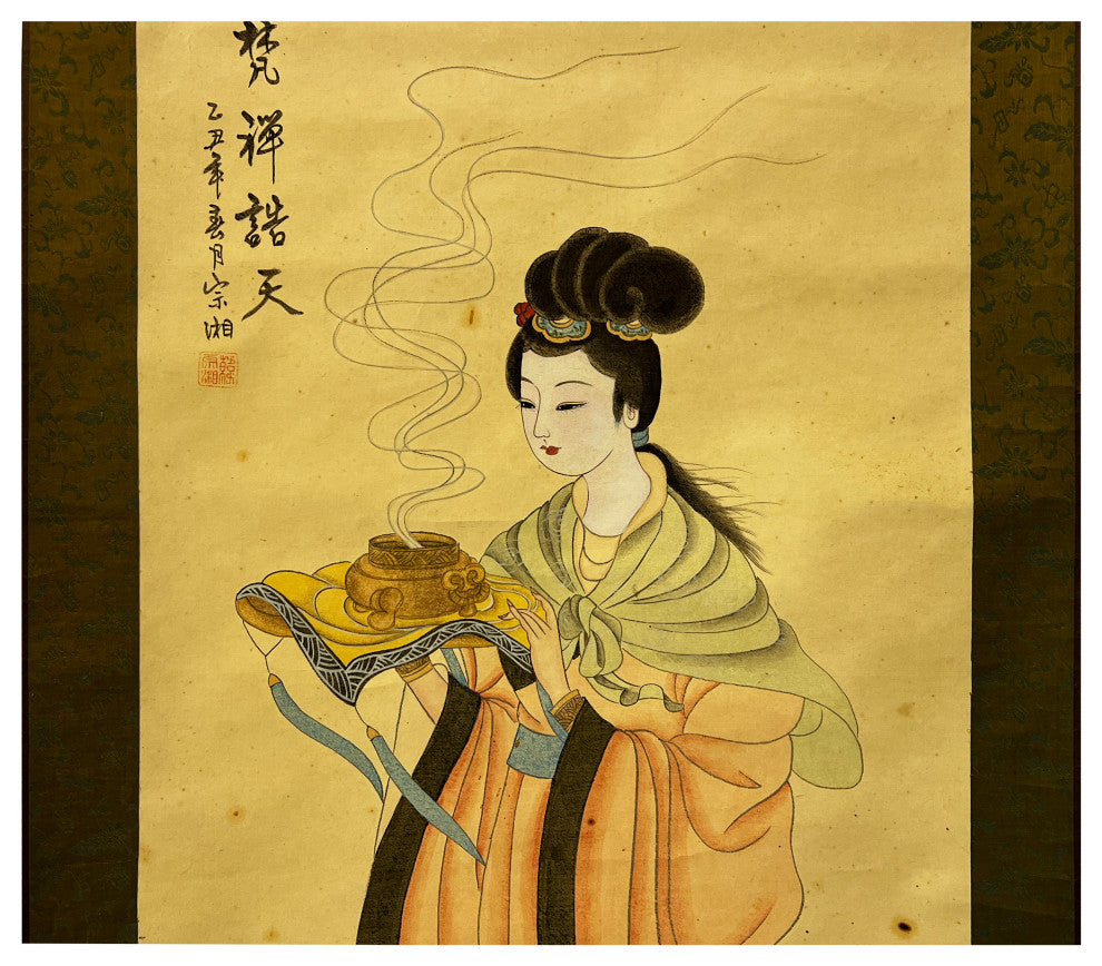 Chinese Color Ink Tong Style Lady Portrait Scroll Painting Wall Art Hws3037