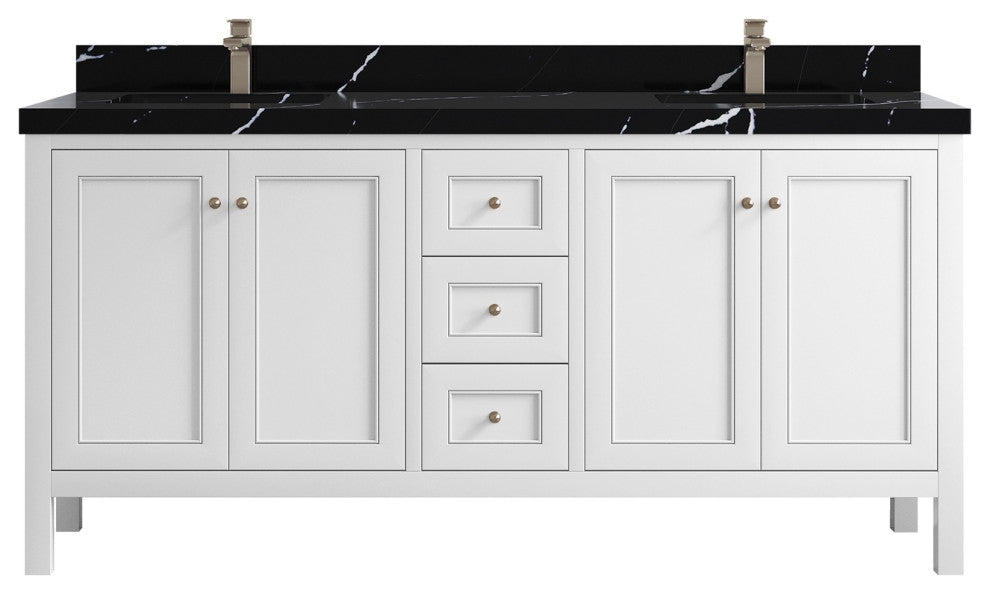 Nashville 72" Double Sink Bath Vanity, White 2" Calacatta Black