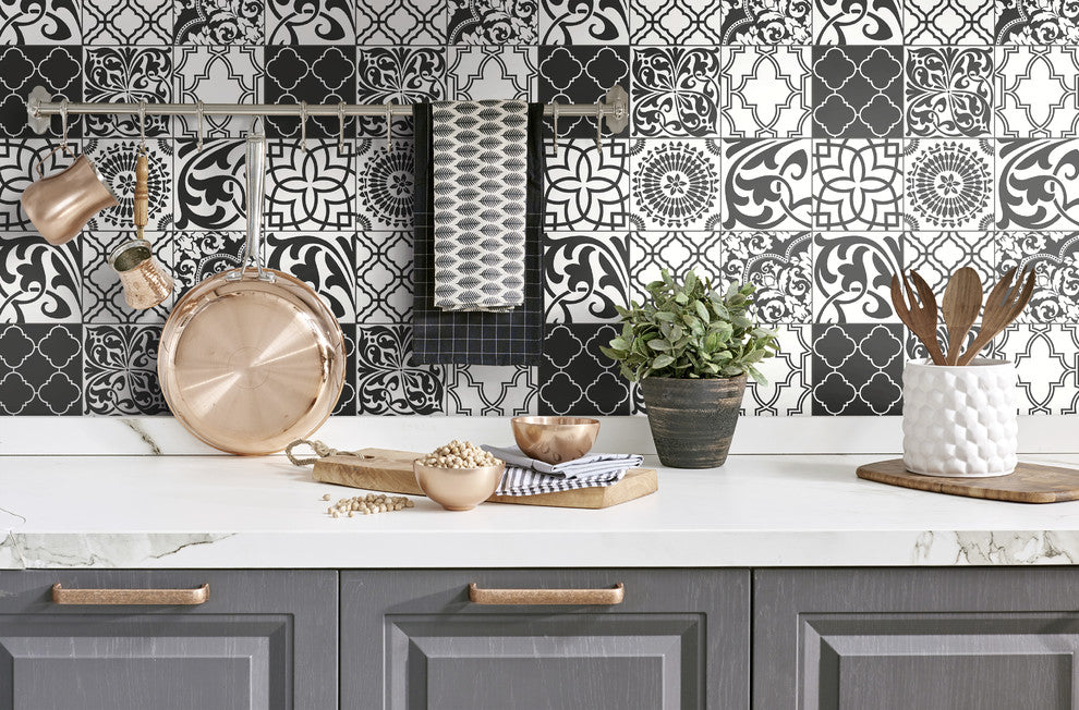 NextWall Black and White Graphic Tile Peel and Stick Wallpaper