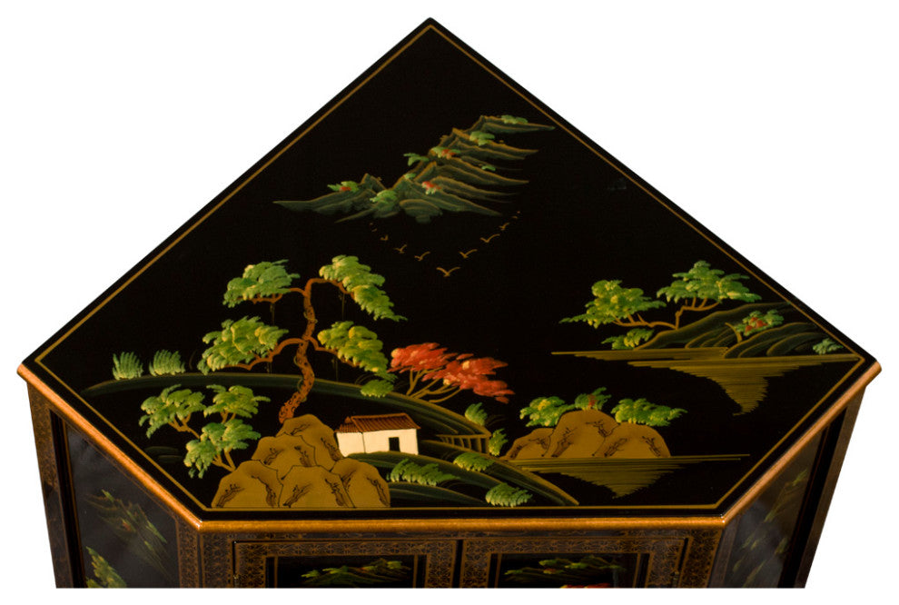 Black Lacquer Chinoiserie Landscape Oriental Corner Cabinet