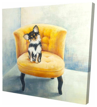 Long-Haired Chihuahua On A Yellow Armchair Print On Wrapped Canvas, 24"x24"