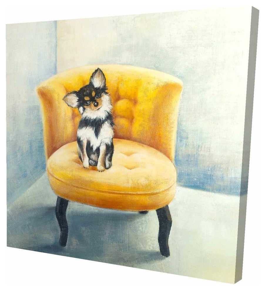 Long-Haired Chihuahua On A Yellow Armchair Print On Wrapped Canvas, 24"x24"