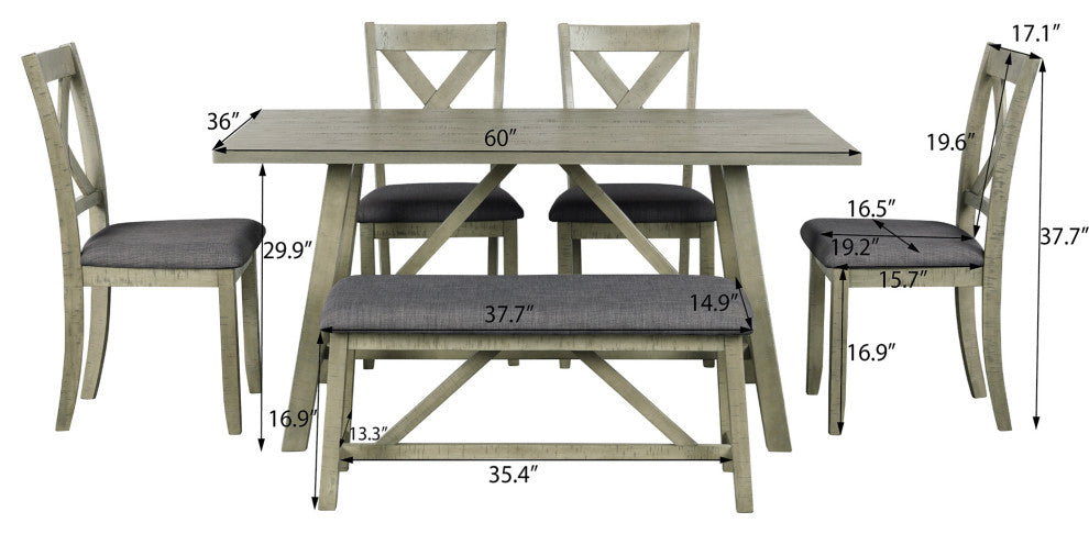 6-Piece Wood Dining Set with Bench and 4 Upholstered Chairs