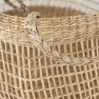 Nova Light Brown Seagrass Woven Round Baskets With Long Handles, 2-Piece Set