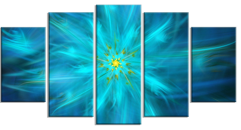 Amazing Dance of Blue Petals, Blue, Floral Canvas Art Print, 60"x32", 5 Panels