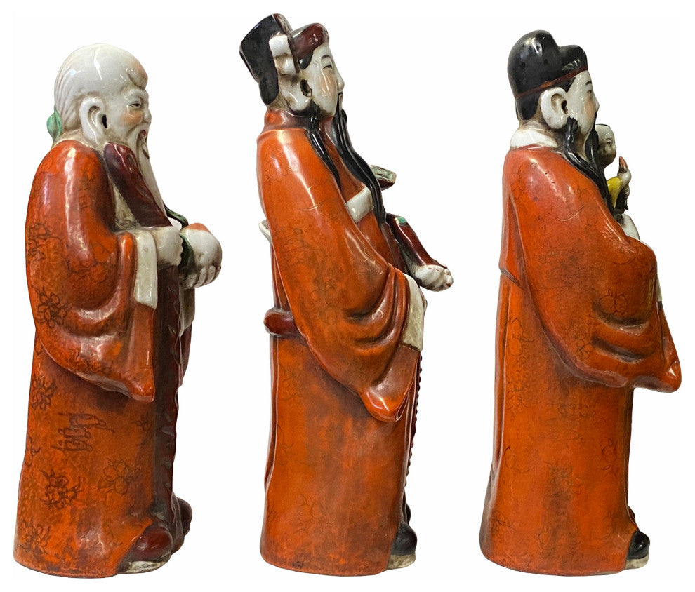 Chinese Distressed Orange Color Fengshui Fok Lok Shao Figure Set Hws1788