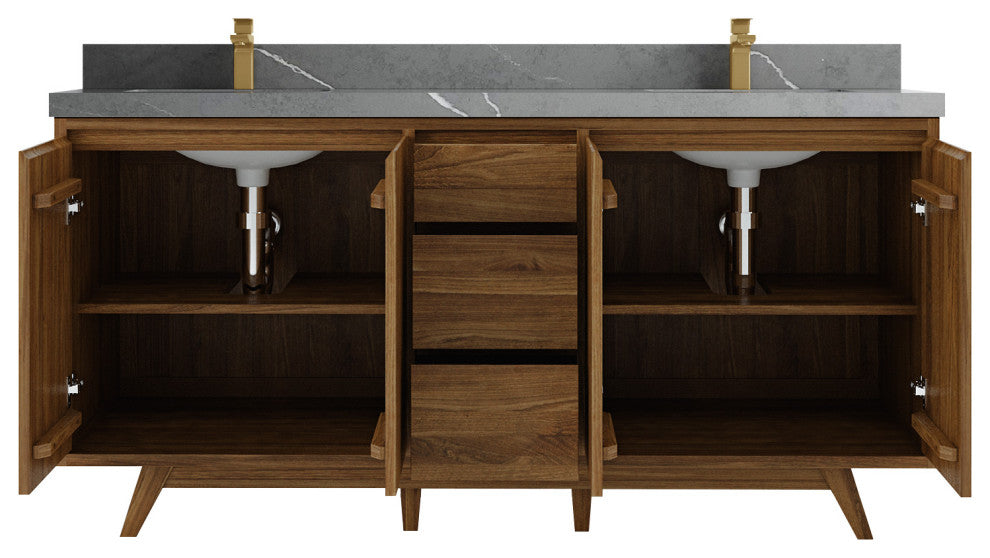 Madison Teak 72 Double Sink Bath Vanity in Dark Natural 2" Piatra Gray