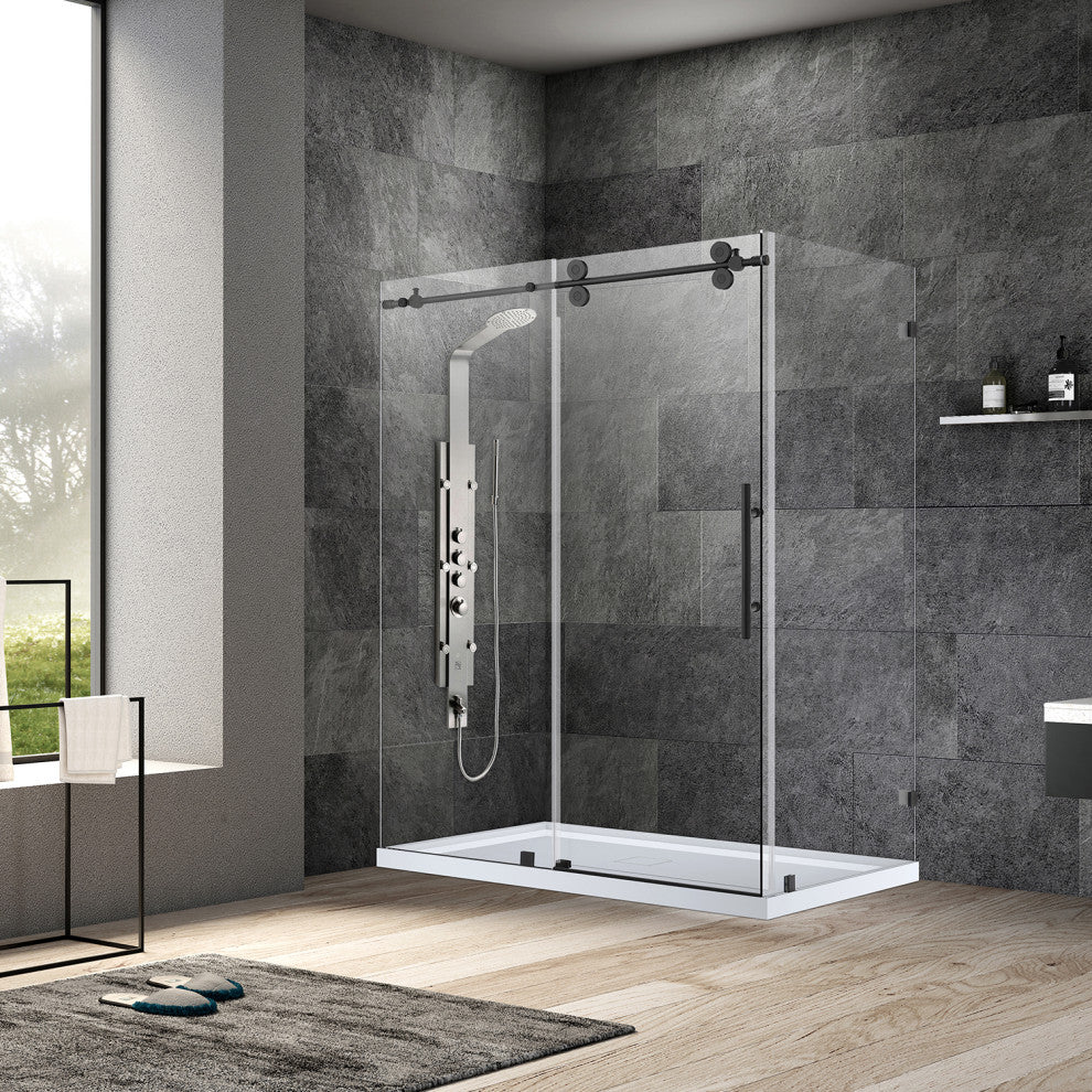 Villena Rectangle Single Sliding Frameless Shower Enclosure, Matte Black, 56"