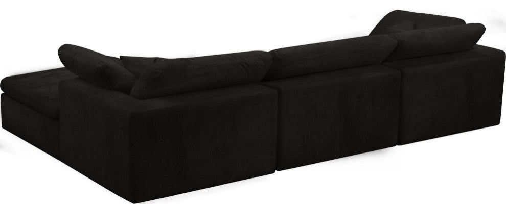 Cozy Velvet Upholstered Comfort L-Shaped Modular Sectional, Black, 4-Piece: 1 Armless Chair, 2 Corner Chair, 1 Ottoman
