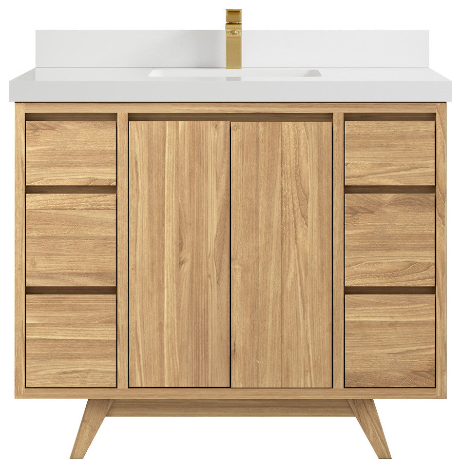 Madison Teak 42 Single Sink Bath Vanity in Light Natural 2" White Quartz