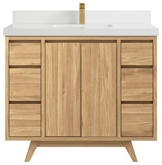 Madison Teak 42 Single Sink Bath Vanity in Light Natural 2" White Quartz