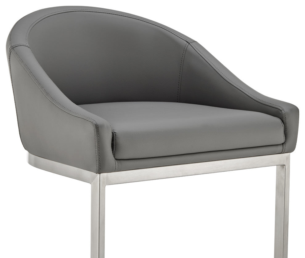 Atherik Counter Stool, Brushed Stainless Steel With Faux Leather, Gray