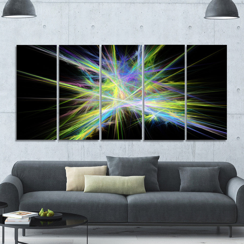 Yellow Blue Chaos Multicolored Rays, Abstract Canvas Wall Art, 60"x28", 5 Panels