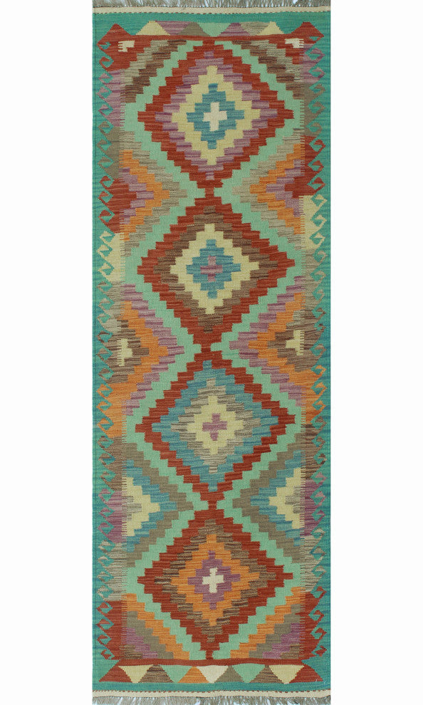 Sangat Kilim Asfar Green/Orange Runner, 2'8x8'0