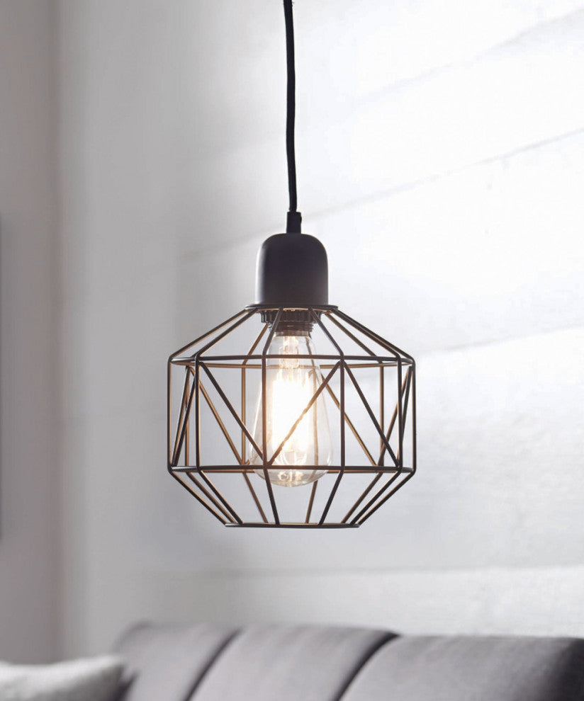 7"W 1-Light LED Metal Cage Plug-In Swag Pendant Light Bronze Finish
