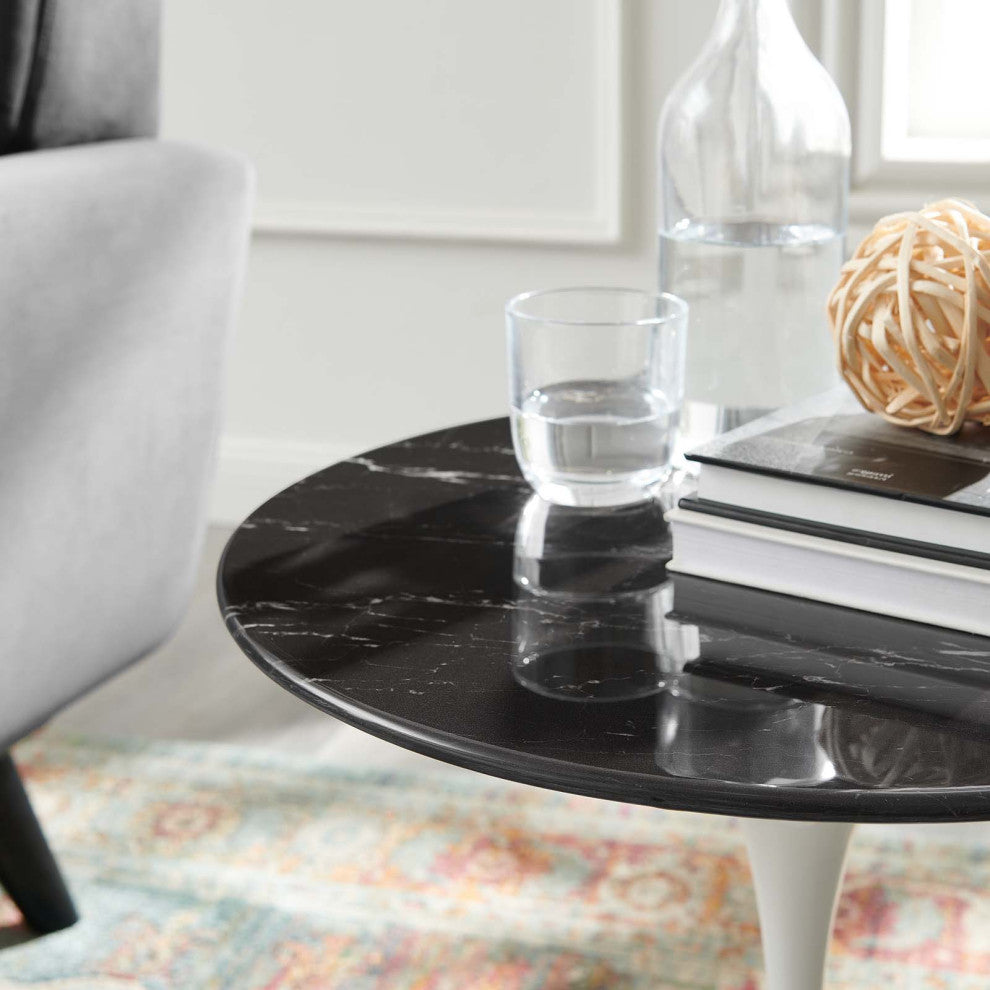 Sofa Side Table, Round, Black White, Artificial Marble, Metal, Modern