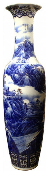 71" Oriental Temple Vase Hand Painted In Blue And White Landscape