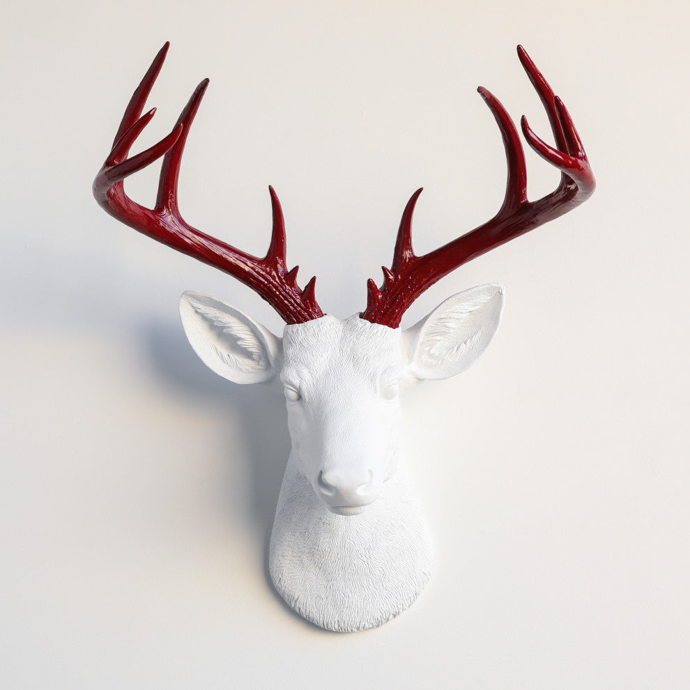 Faux Deer Head Wall Mount 14 Point Stag Head Antlers, White and Red