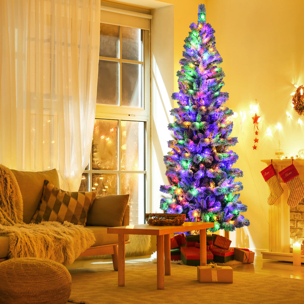 8FT Pre-Lit Hinged Christmas Tree Snow Flocked w/ 9 Modes Remote Control Lights