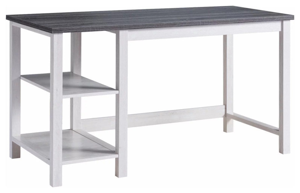Modern Farmhouse Desk, Large Top & Side Open Shelves, White Oak/Distressed Grey