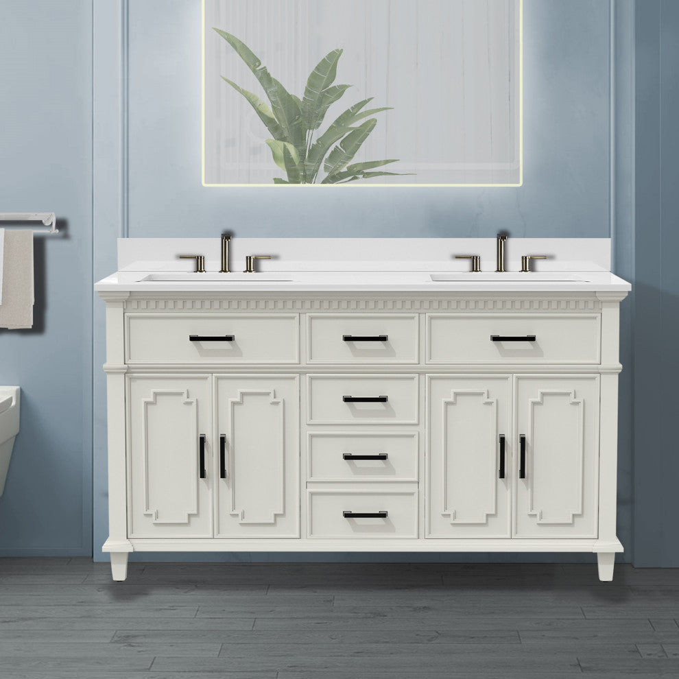 60''Wood Bathroom Vanity Set, With Drawers, Marble Top And Undermount Sink, White