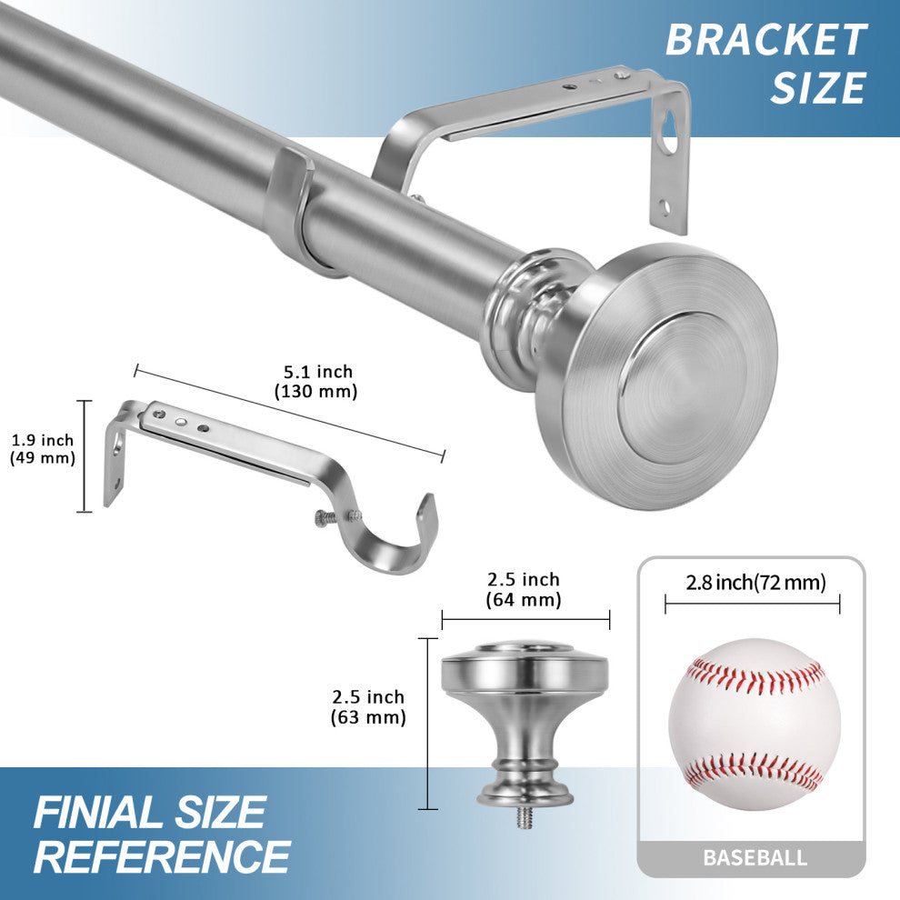 1" Semplice Drapery Curtain Rod, Brushed Steel, 84"-120"