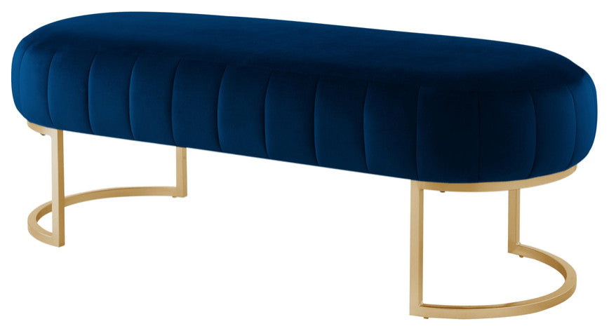 53" Navy Blue And Gold Upholstered Velvet Bench