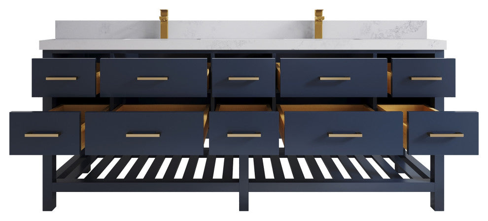 Parker 84 Double Sink Bathroom Vanity, Navy Blue 2" Calacatta Nuvo