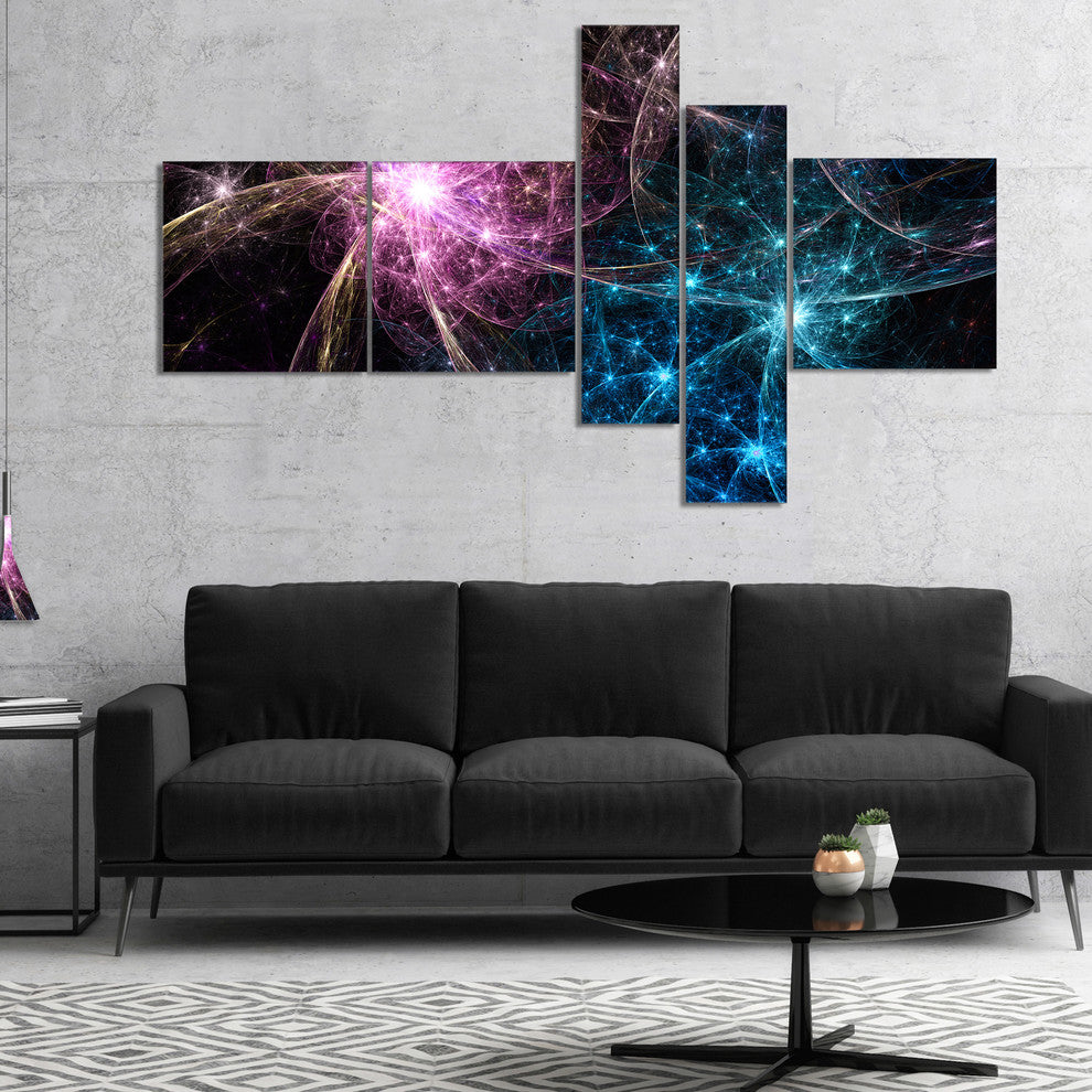 Blue Pink Colorful Fireworks, Abstract Art on Canvas, 60"x32", 5 panels